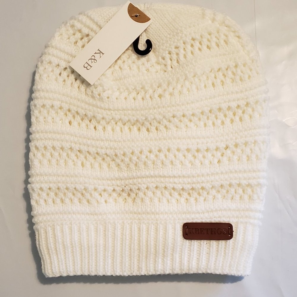 KB White Twist Knit Sherpa Lined Beanie